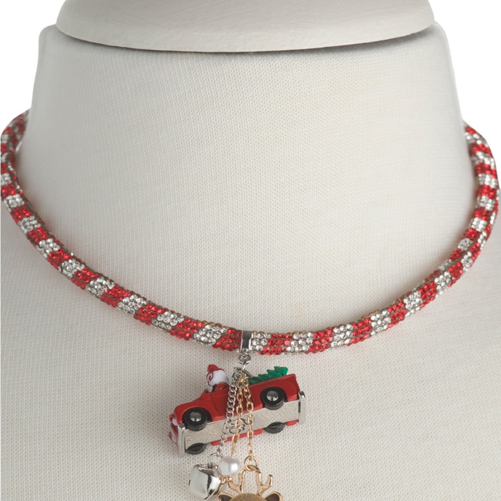 Betsey Johnson Red and Silver Striped Necklace with Car Charm